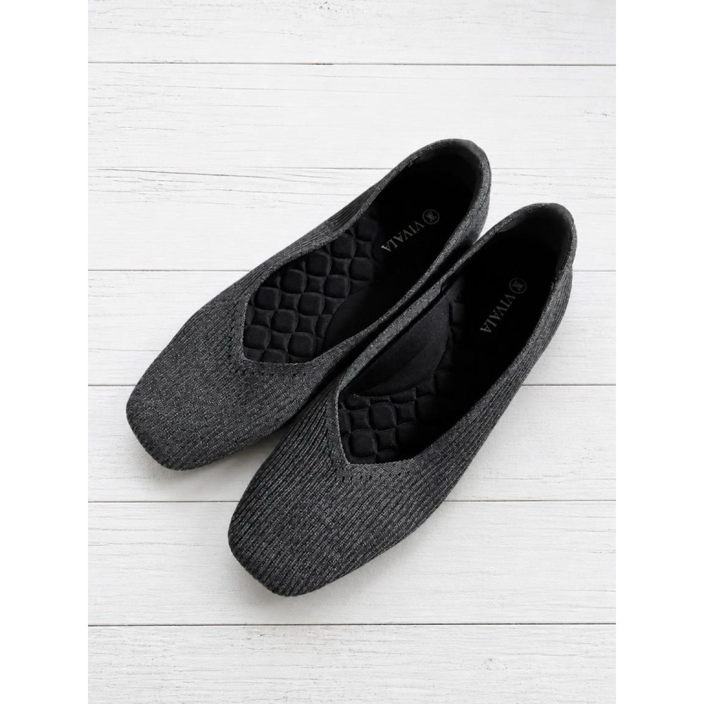 Vivaia Margot Square Toe Ballet Flats Charcoal Grey Ribbed Knit V-Cut Size 39